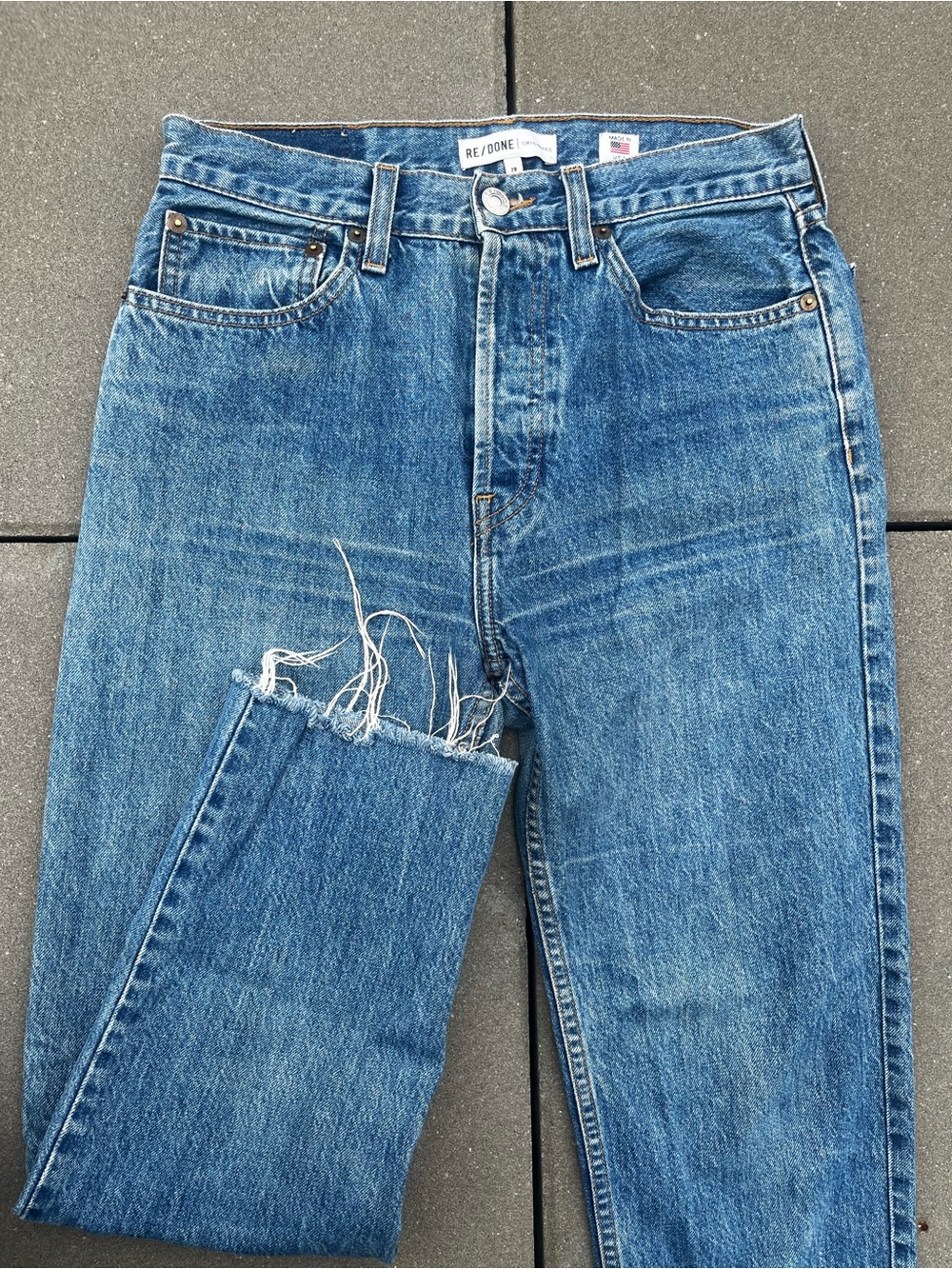 Re/Done 90s Jean - Medium Blue High-Rise Straight Denim with Distressed Hem - 28